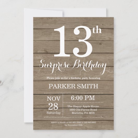 Invitation d'anniversaire 13 ans Rustic Surprise (Devant)