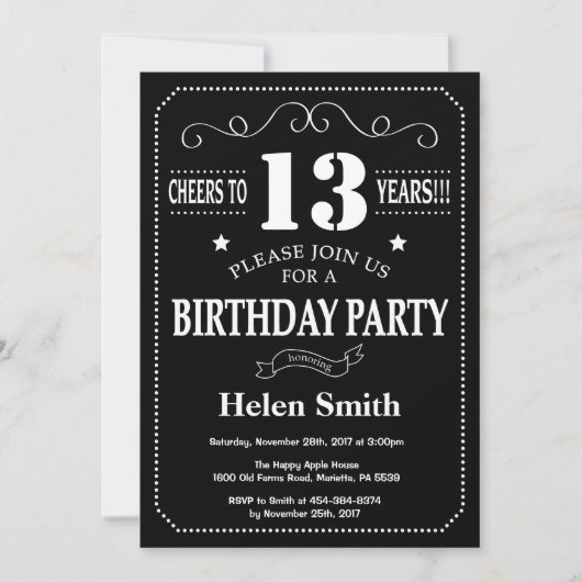 Invitation d'anniversaire 13 ans tableau noir (Devant)