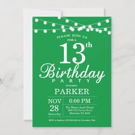 Invitation d'anniversaire 13 ans Vert (Devant)