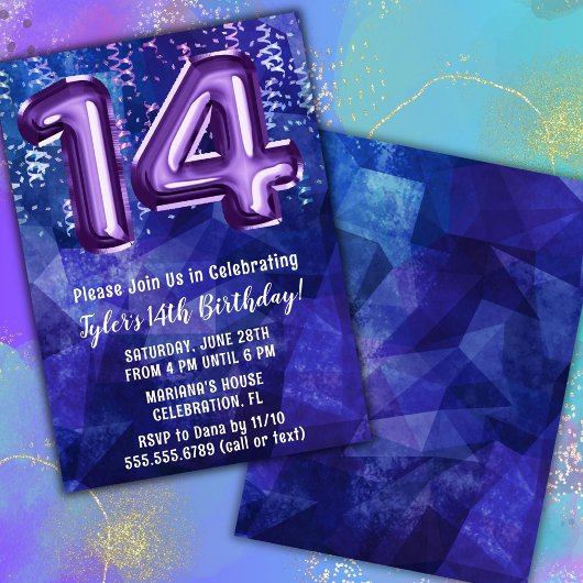 Invitation d'anniversaire 14 ans garçon bleu viole