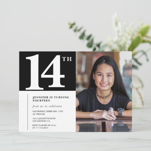 Invitation d'anniversaire 14 ans noir Chic Filles (Debout devant)