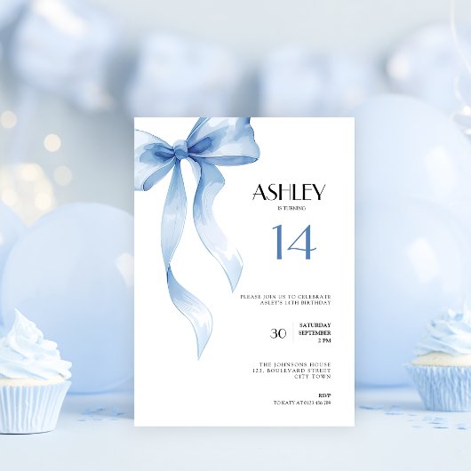 Invitation d'anniversaire 14 ans Ruban Bleu pour a