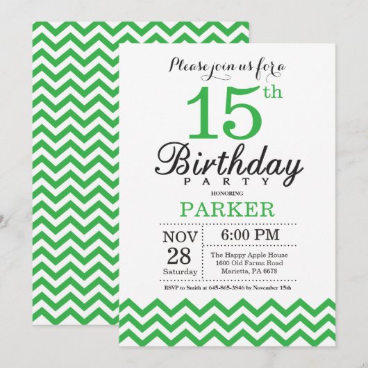 Invitation d'anniversaire 15 ans Chevron Vert (Devant / Derrière)