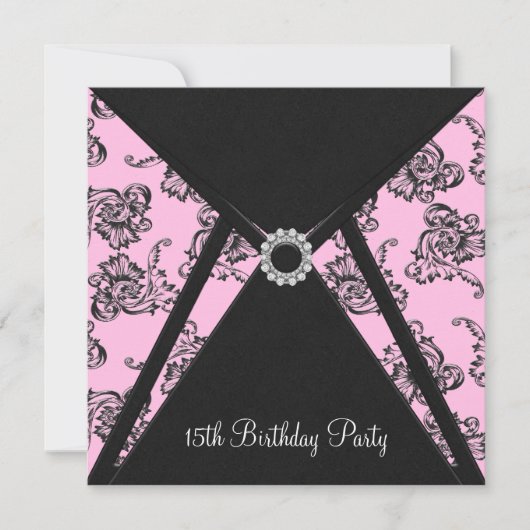 Invitation d'anniversaire 15 ans en damas rose (Devant)