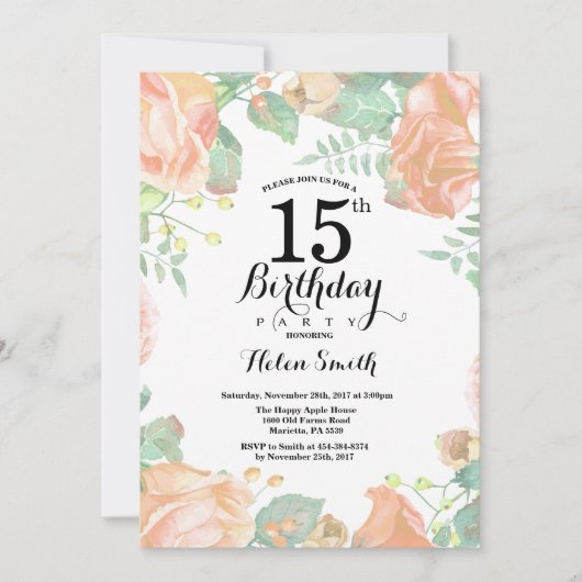 Invitation d'anniversaire 15 ans Fleur de Pêche Bo (Devant)