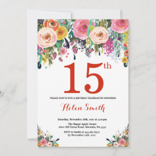 Invitation d'anniversaire 15 ans Floral Rouge