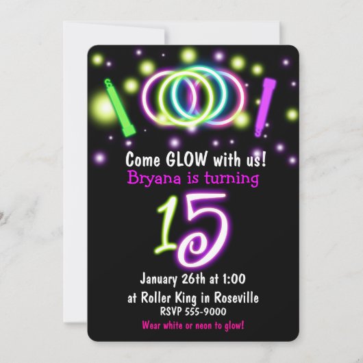 Invitation d'anniversaire 15 ans GLOW Lights Age 1 (Devant)