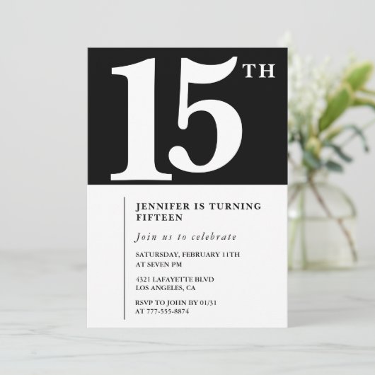 Invitation d'anniversaire 15 ans Noir Élégant Chic (Debout devant)