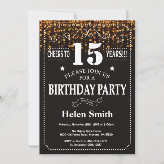 Invitation d'anniversaire 15 ans paillettes dorées (Devant)