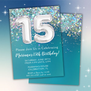 Invitation d'anniversaire 15 ans Paillettes Turquo