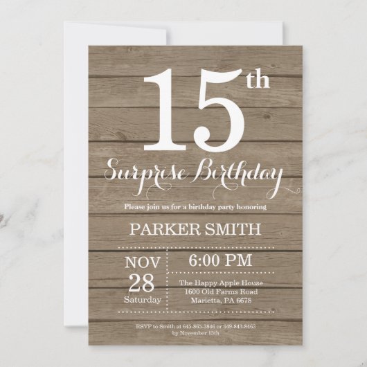 Invitation d'anniversaire 15 ans Rustic Surprise (Devant)