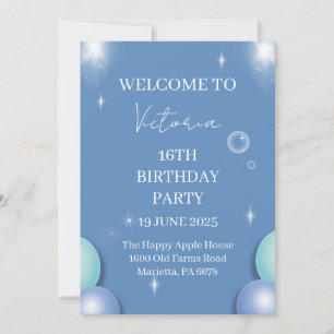 Invitation d'anniversaire 16 ans Blue Sparkle Bubb