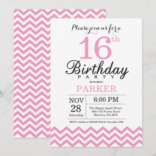 Invitation d'anniversaire 16 ans Chevron rose (Devant / Derrière)