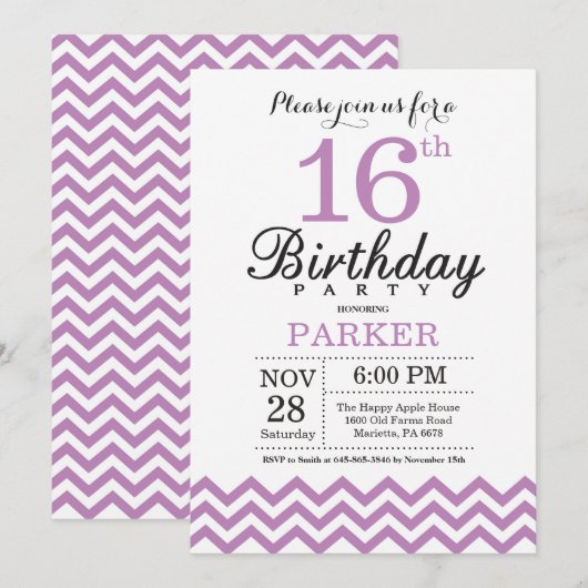 Invitation d'anniversaire 16 ans Chevron Violet (Devant / Derrière)