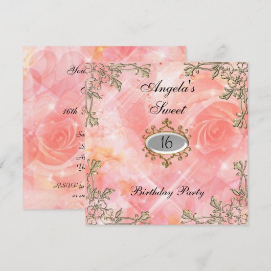 Invitation d'anniversaire 16 ans Fleurs roses (Devant / Derrière)