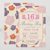 Invitation d'anniversaire 16 ans Fleurs Roses rose (Devant / Derrière)