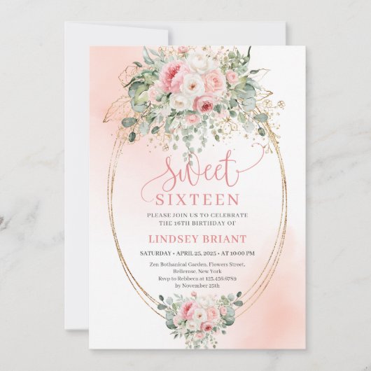 Invitation d'anniversaire 16 ans Floral Romantic B (Devant)