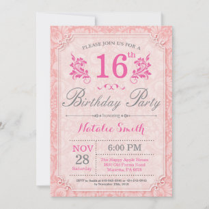 Invitation d'anniversaire 16 ans Florale Rose pour