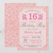 Invitation d'anniversaire 16 ans Florale Rose pour (Devant / Derrière)