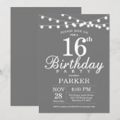 Invitation d'anniversaire 16 ans Gris et Blanc (Devant / Derrière)