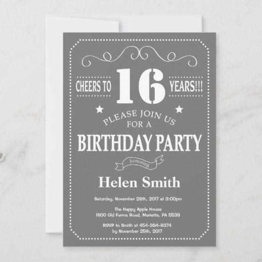 Invitation d'anniversaire 16 ans gris et blanc (Devant)