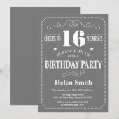 Invitation d'anniversaire 16 ans gris et blanc (Devant / Derrière)