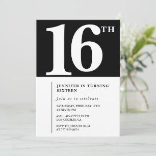 Invitation d'anniversaire 16 ans Noir Élégant Chic