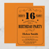 Invitation d'anniversaire 16 ans Noir et Orange (Devant / Derrière)