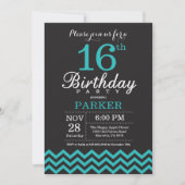 Invitation d'anniversaire 16 ans Noir et sarcelle (Devant)