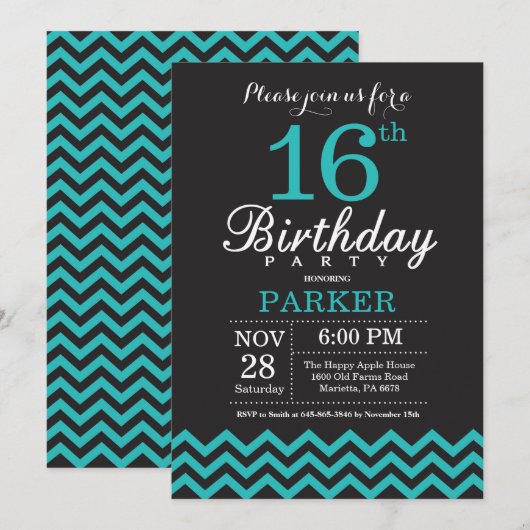 Invitation d'anniversaire 16 ans Noir et sarcelle (Devant / Derrière)