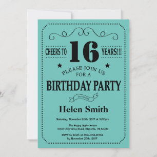 Invitation d'anniversaire 16 ans Noir et sarcelle