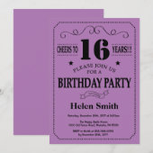 Invitation d'anniversaire 16 ans Noir et Violet (Devant / Derrière)