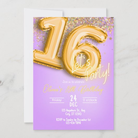 Invitation d'anniversaire 16 ans Paillettes Violet (Devant)