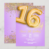 Invitation d'anniversaire 16 ans Paillettes Violet (Devant / Derrière)
