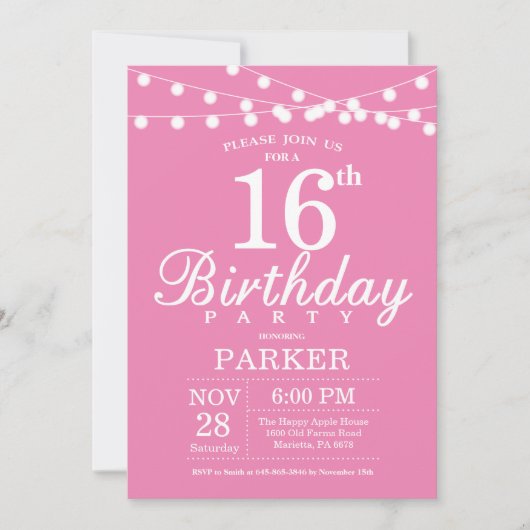 Invitation d'anniversaire 16 ans Rose (Devant)