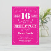 Invitation d'anniversaire 16 ans rose chaud et bla (Debout devant)