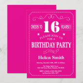 Invitation d'anniversaire 16 ans rose chaud et bla (Devant / Derrière)