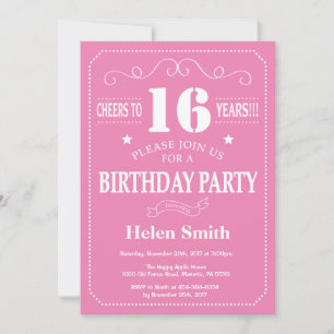 Invitation d'anniversaire 16 ans Rose et Blanc