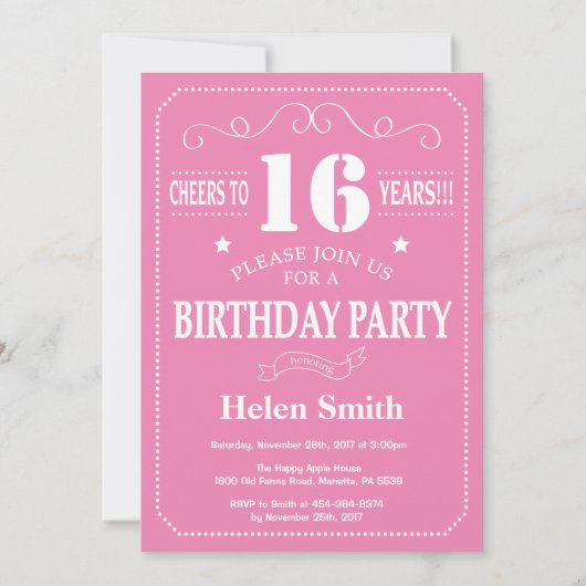 Invitation d'anniversaire 16 ans Rose et Blanc (Devant)