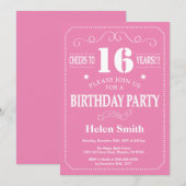 Invitation d'anniversaire 16 ans Rose et Blanc (Devant / Derrière)