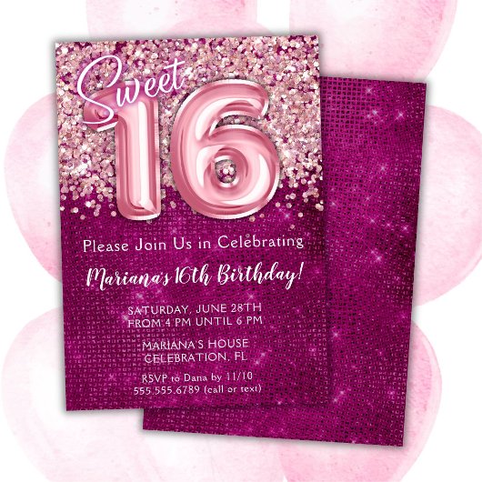 Invitation d'anniversaire 16 ans rose magenta
