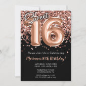Invitation d'anniversaire 16 ans Rose Noire Or (Devant)