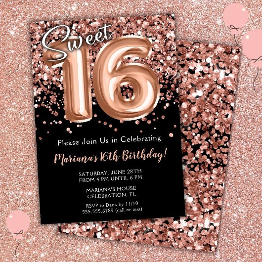 Invitation d'anniversaire 16 ans Rose Noire Or