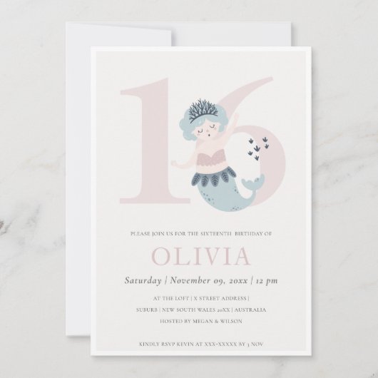 Invitation d'anniversaire 16 ans Sirène Rose Bleu (Devant)