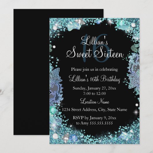 Invitation d'anniversaire 16 ans Turquoise Noir Oc (Devant / Derrière)