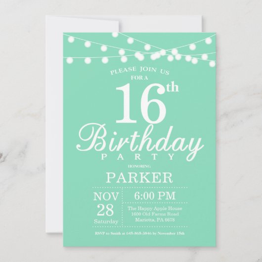 Invitation d'anniversaire 16 ans vert menthe (Devant)