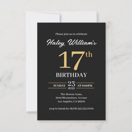 Invitation d'anniversaire 17 ans minimaliste noir (Devant)