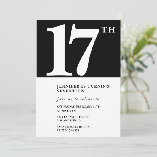 Invitation d'anniversaire 17 ans Noir Élégant Chic (Debout devant)