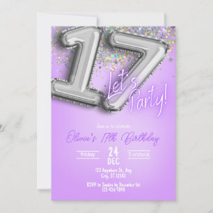 Invitation d'anniversaire 17 ans Paillettes Violet