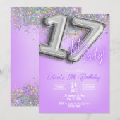 Invitation d'anniversaire 17 ans Paillettes Violet (Devant / Derrière)